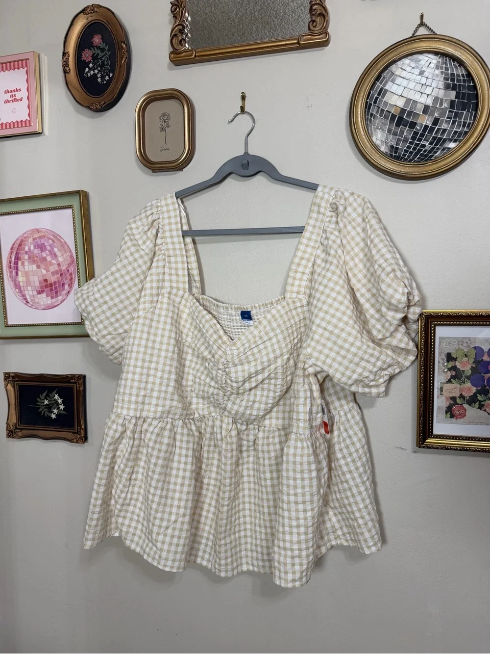Women's Gingham Square-Neck Peplum Top - Cream